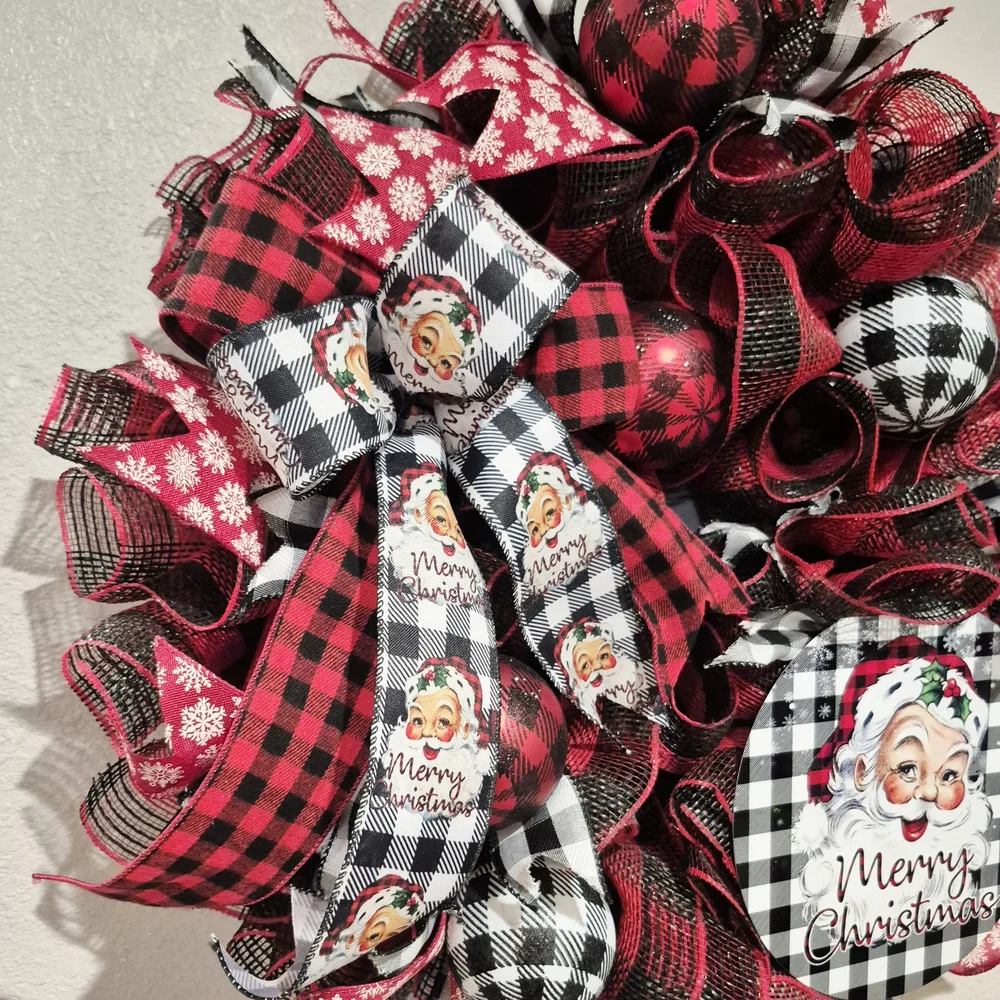 Festive Red and Black Santa Christmas Wreath Large Holiday Wreath Buffalo Check
